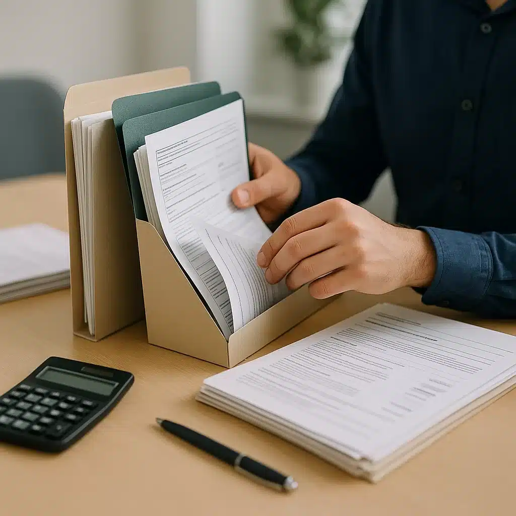 Hands sorting financial and immigration paperwork for a citizenship character assessment
