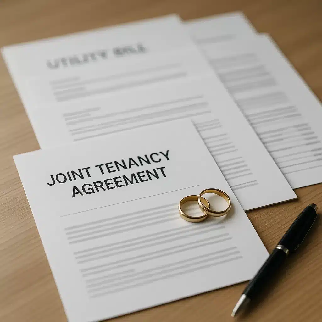 Relationship evidence documents and rings arranged on a desk for a dependant visa application