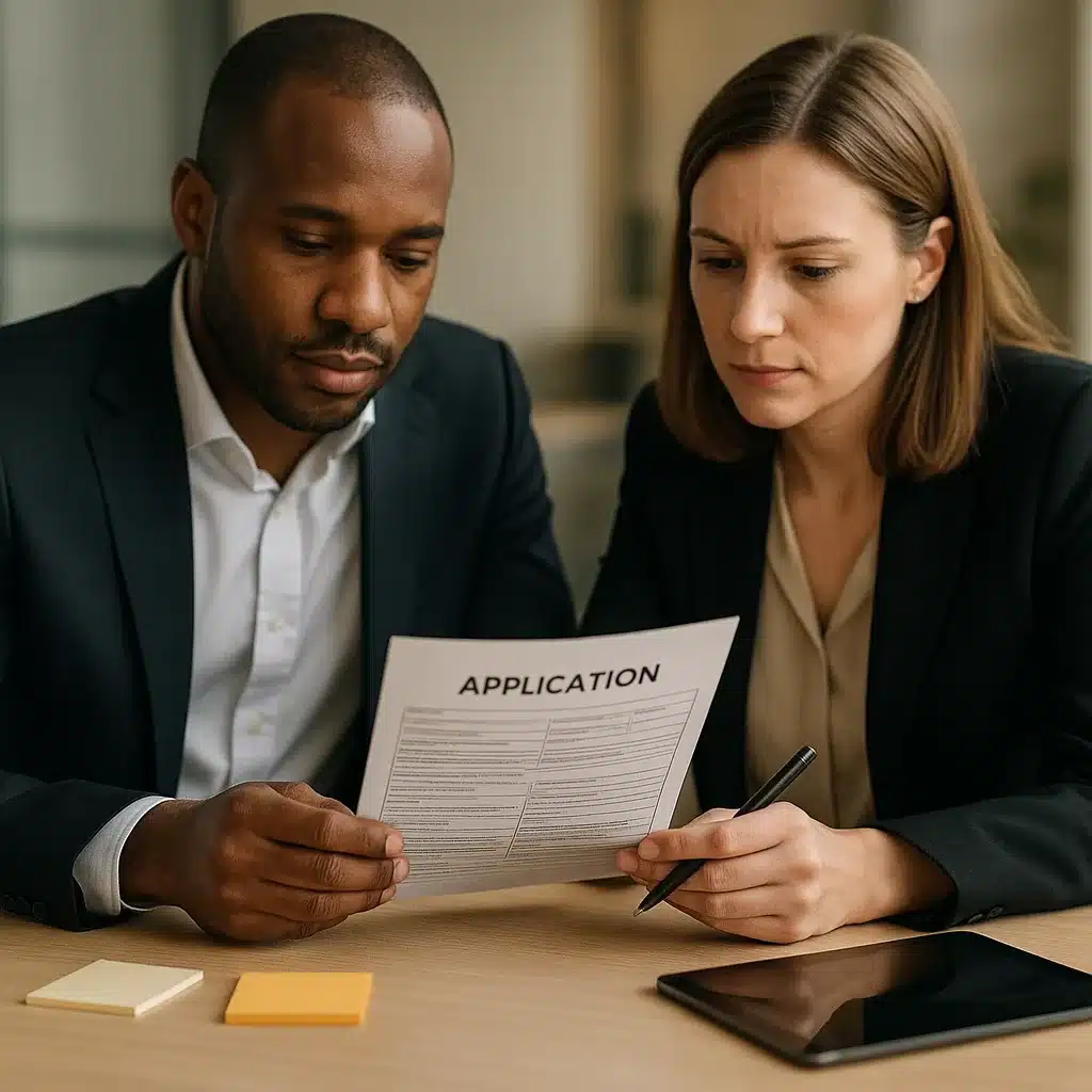 Two advisers reviewing a visa endorsement application file at a meeting table