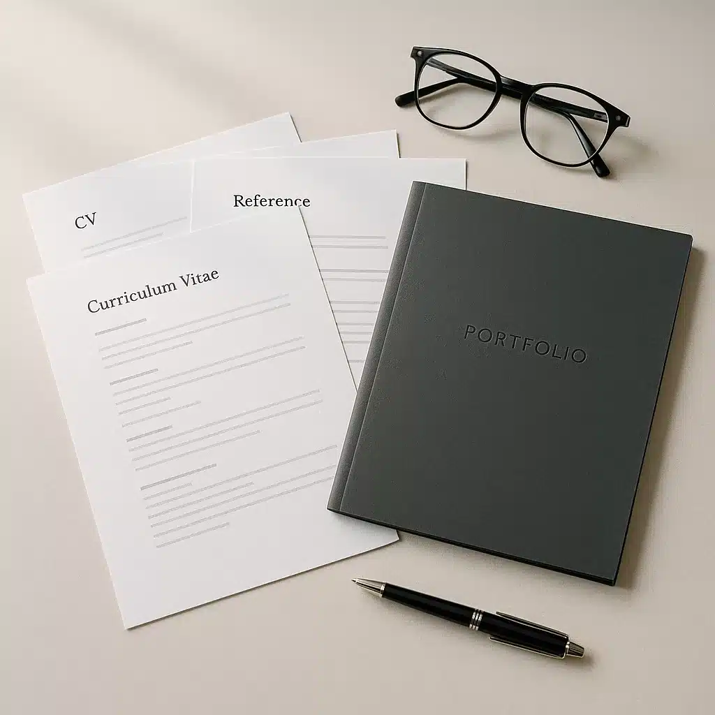 Organised CV, reference letters and portfolio documents arranged on a desk