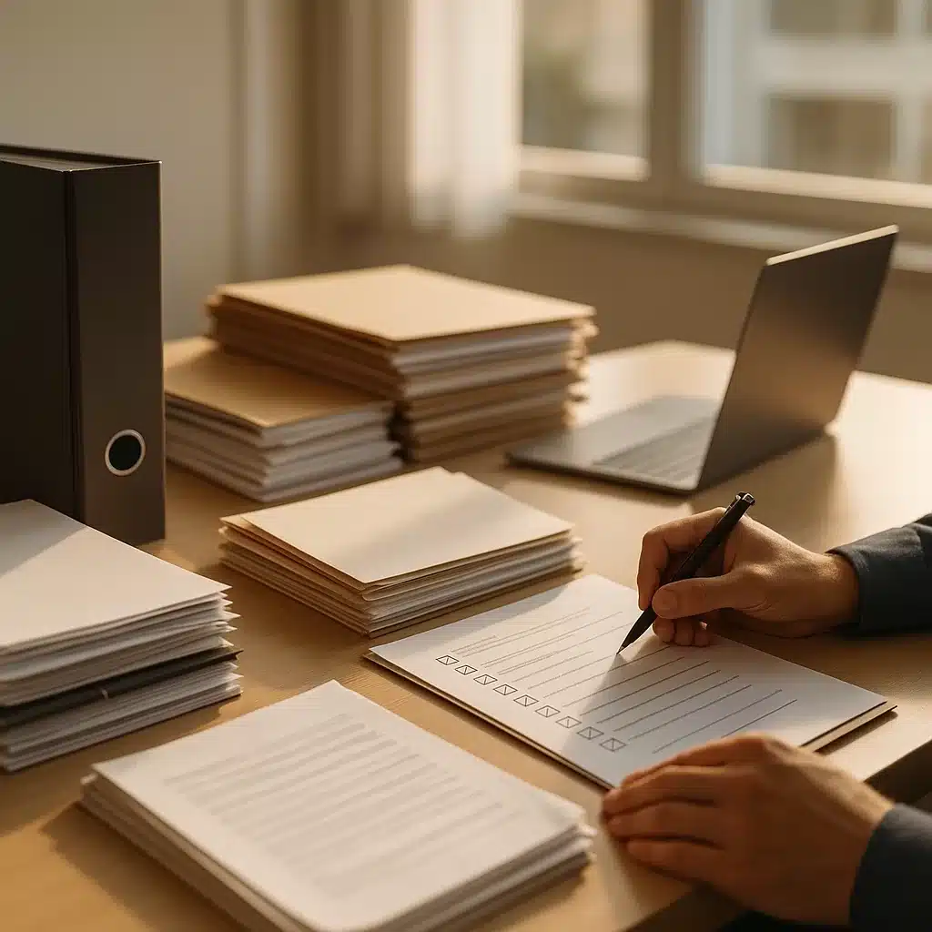 Organised documents prepared for a UK visa switching application