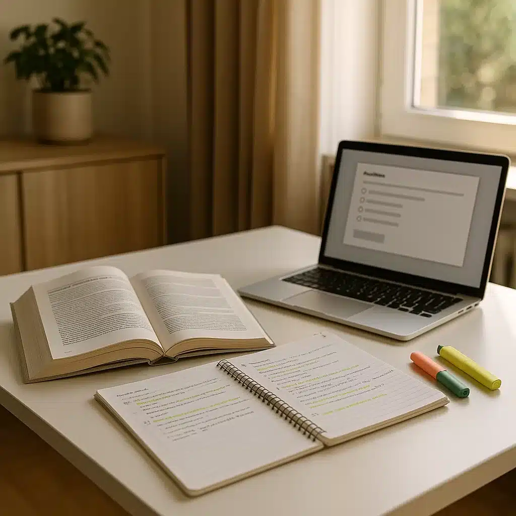 Home study desk with handbook, notes and laptop for exam revision