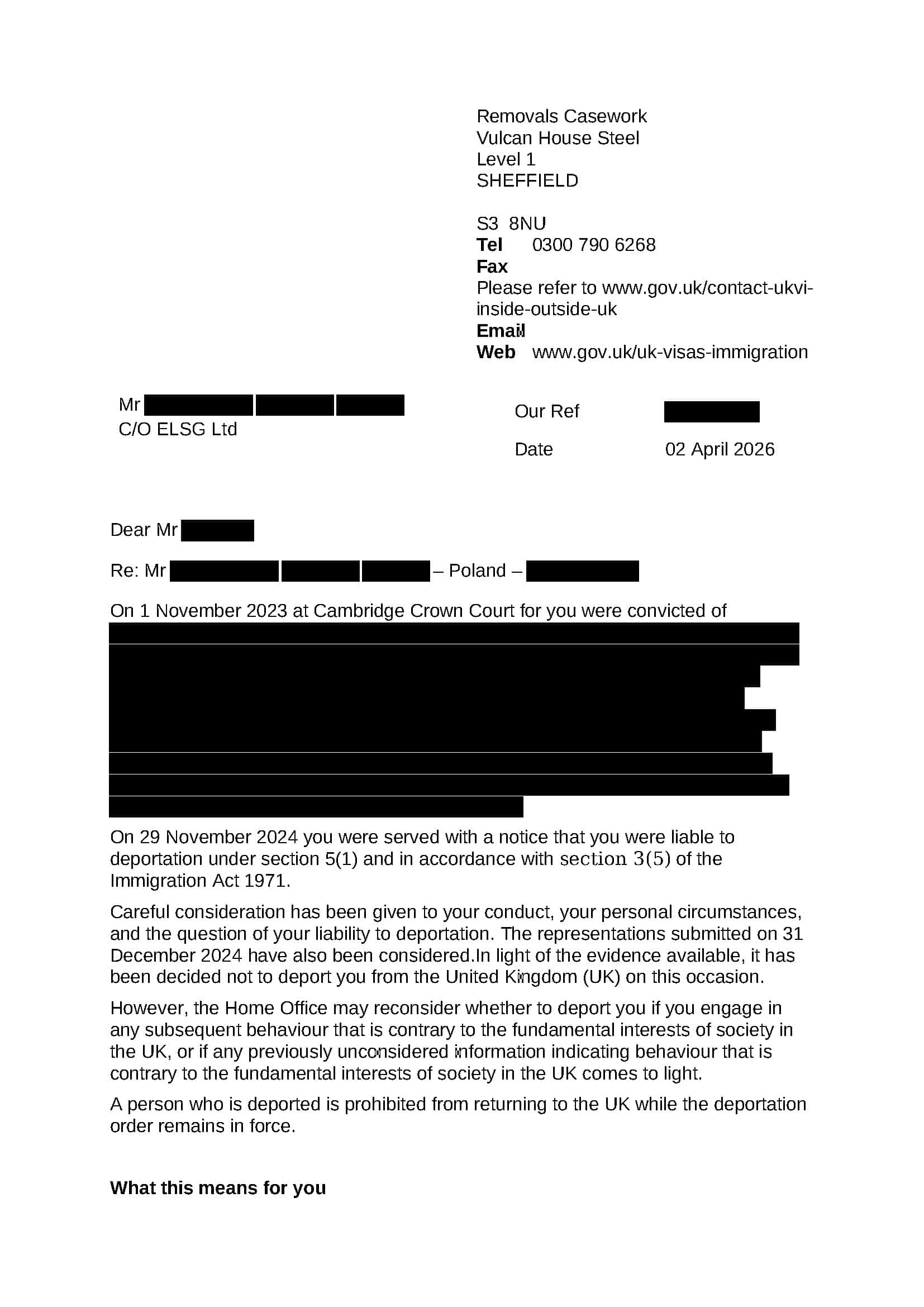 Redacted Home Office letter confirming the decision not to deport the client