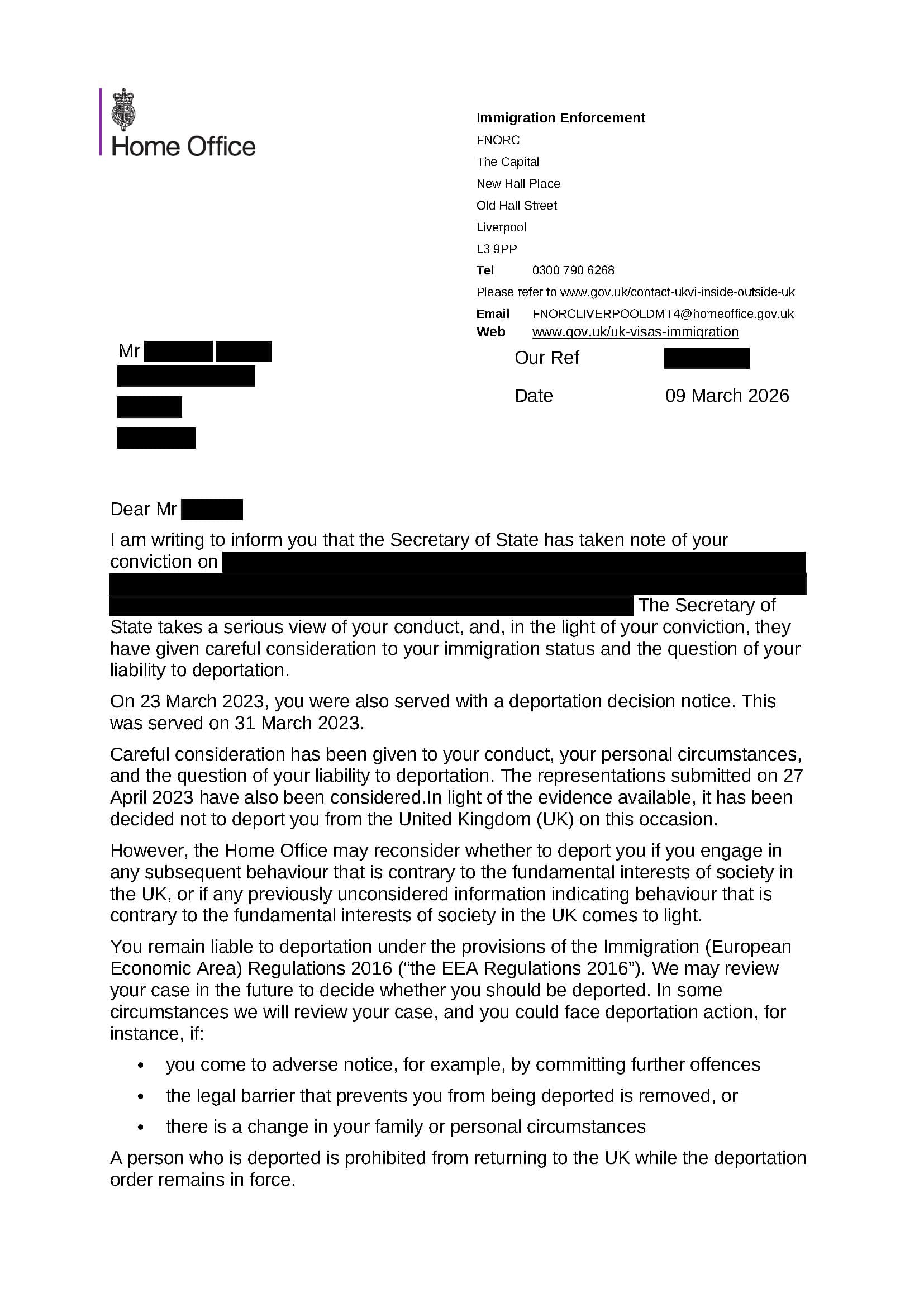 Redacted Home Office letter confirming the decision not to deport the client