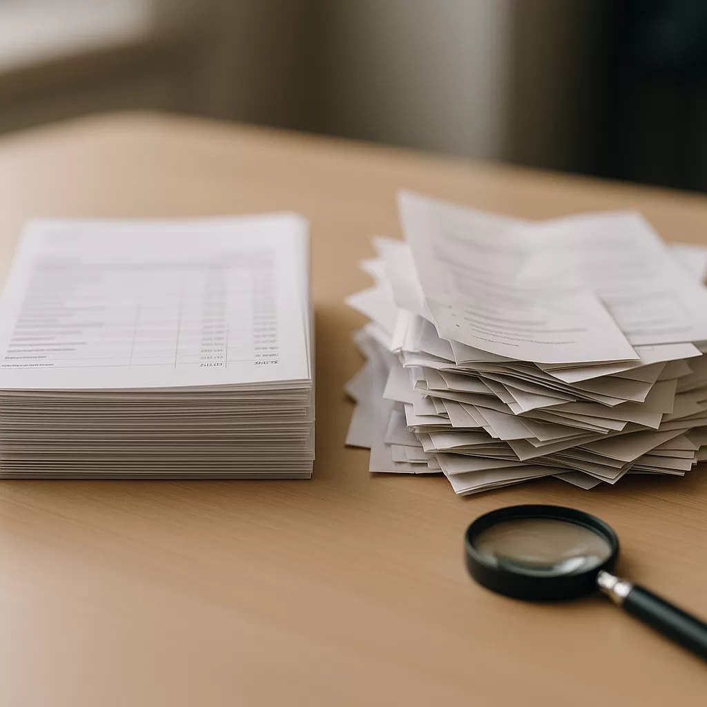 Contrasting organised and inconsistent documents examined with a magnifying glass