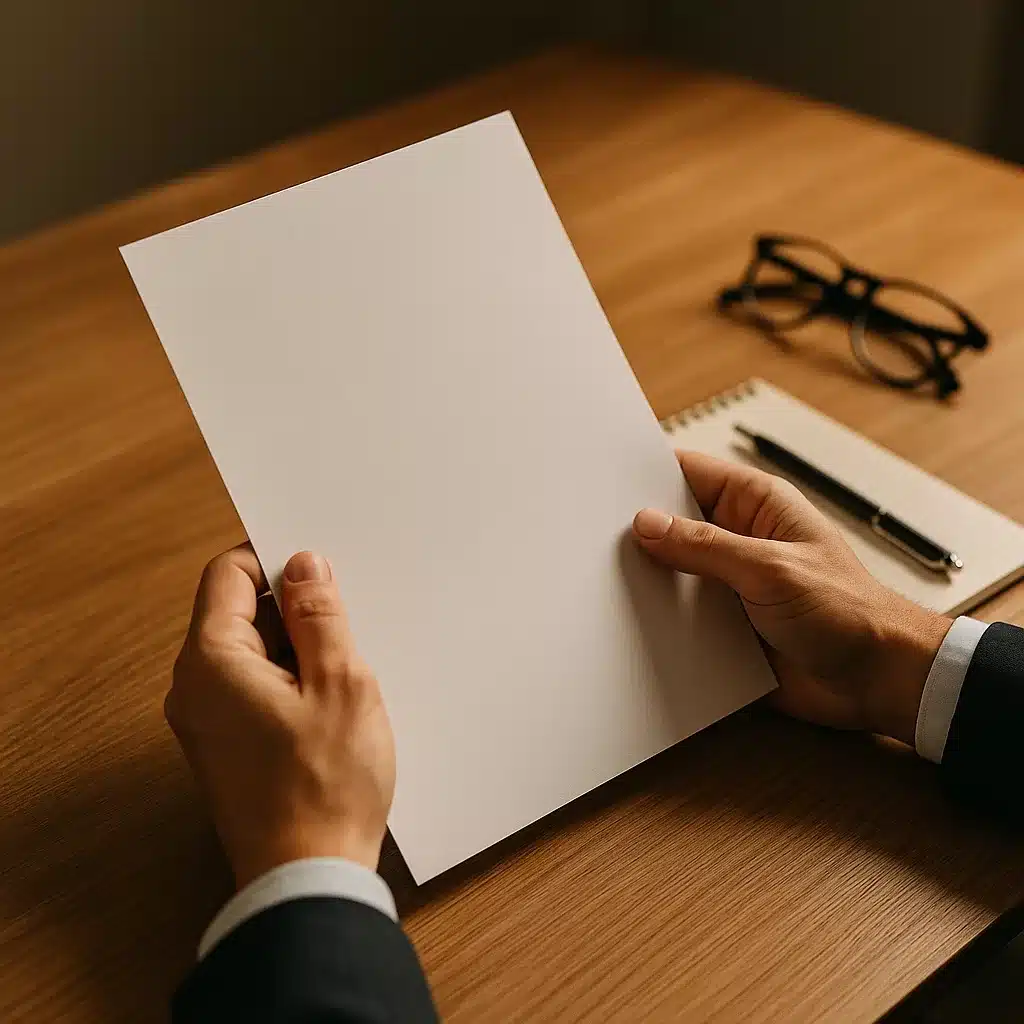 Hands carefully reviewing a formal printed letter at a desk