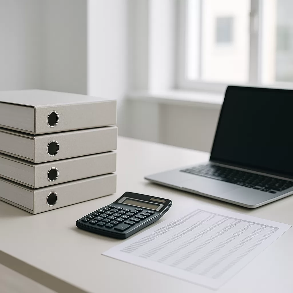 Organised documents, calculator and laptop prepared for a fresh application