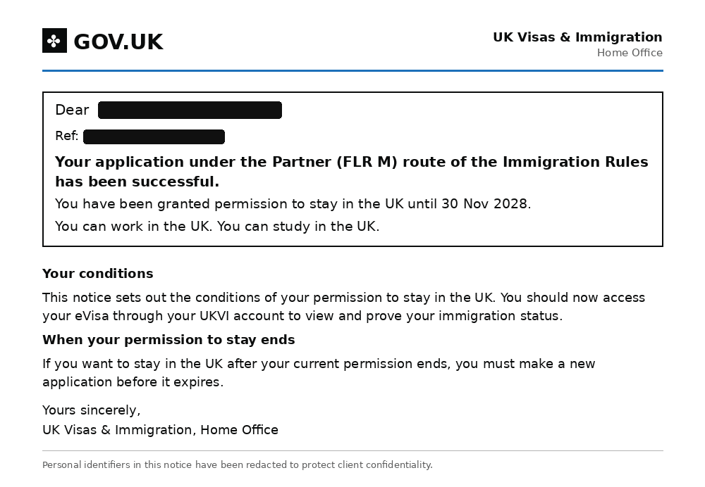 Redacted Home Office decision granting permission to stay under the Partner FLR M route until 30 November 2028