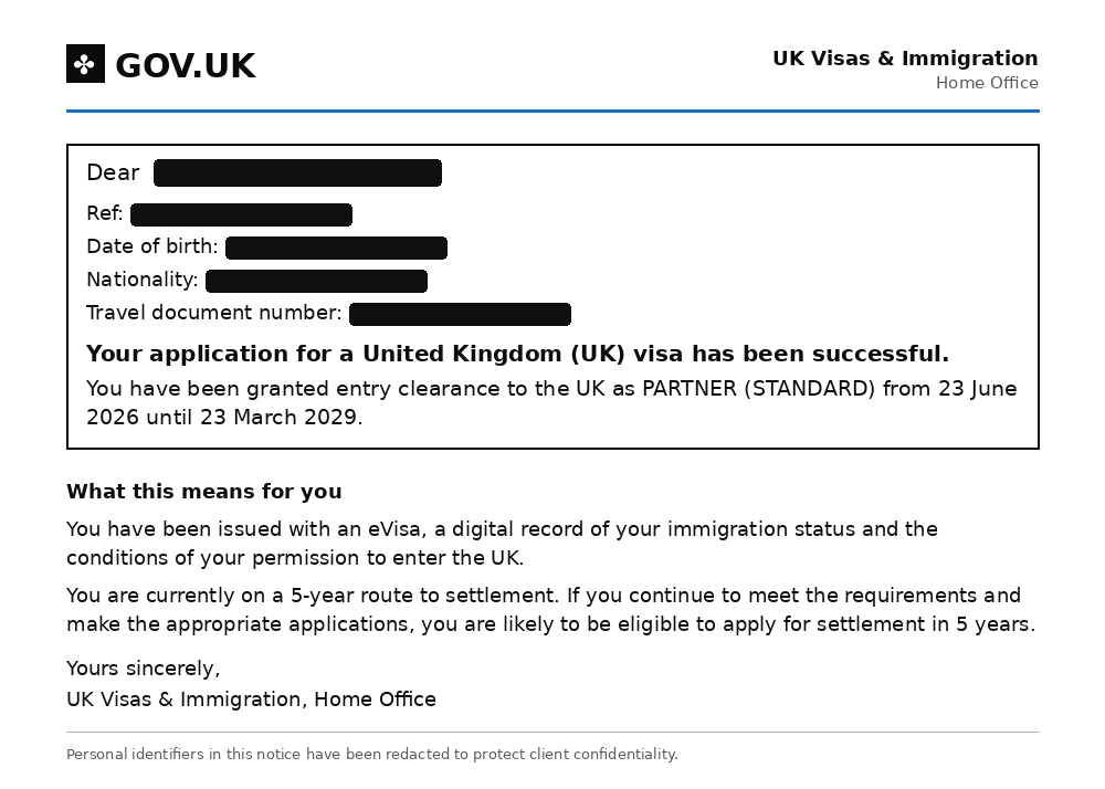 Redacted Home Office decision granting partner entry clearance from 23 June 2026 until 23 March 2029