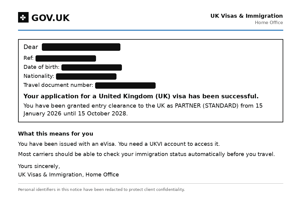 Redacted Home Office decision granting partner entry clearance from 15 January 2026 until 15 October 2028