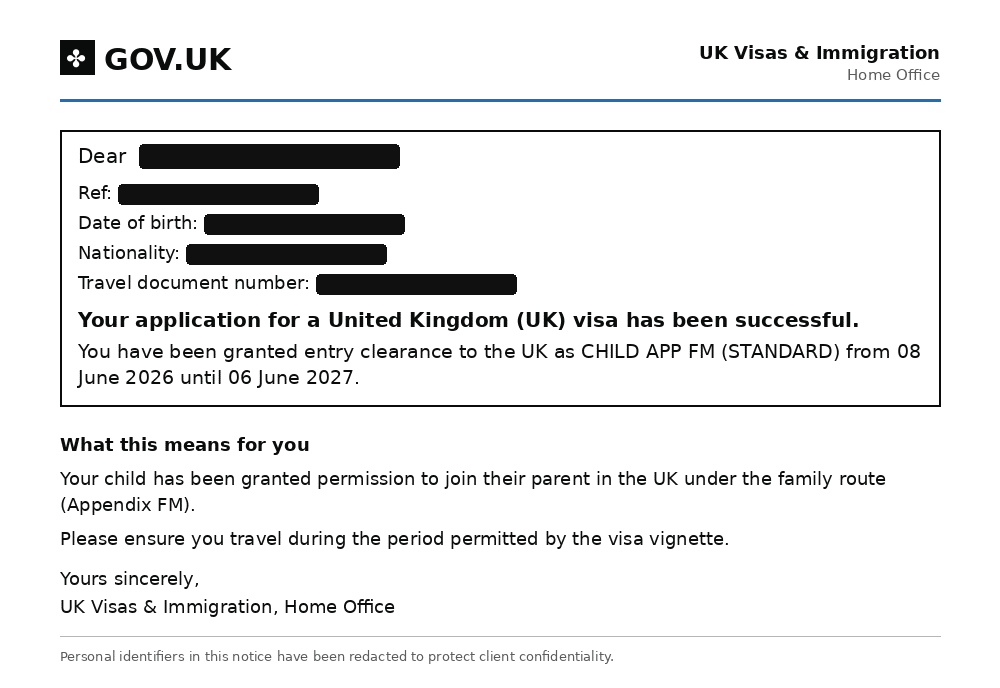 Redacted Home Office decision granting a dependent child entry clearance from 8 June 2026 until 6 June 2027