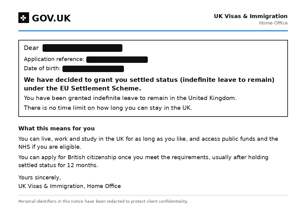 Redacted Home Office decision granting settled status under the EU Settlement Scheme