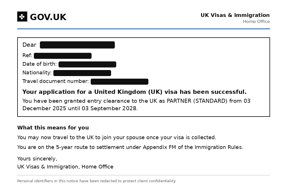 Redacted Home Office decision granting partner entry clearance from 3 December 2025 until 3 September 2028