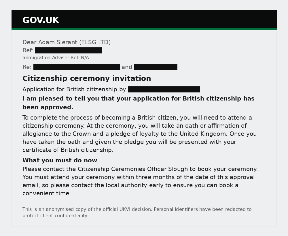 Redacted UKVI citizenship ceremony invitation confirming British citizenship application approved