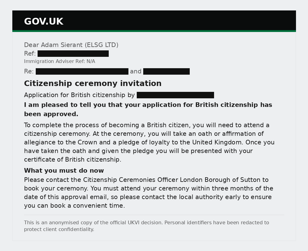 Redacted UKVI citizenship ceremony invitation confirming British citizenship approval