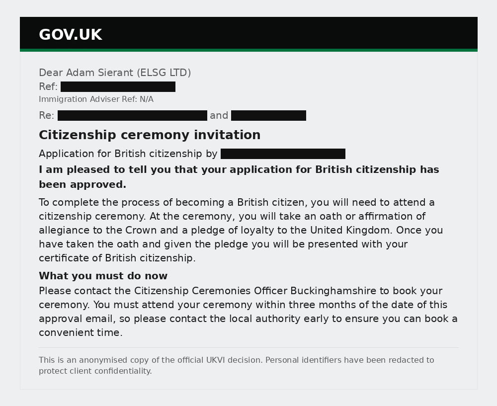 Redacted UKVI citizenship ceremony invitation for approved naturalisation application