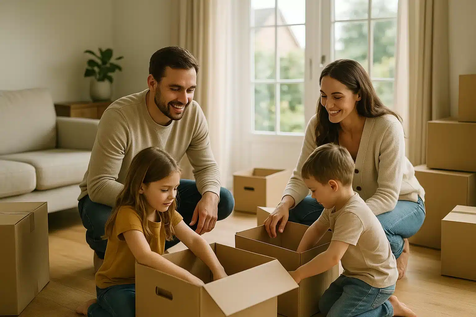Family settling into a new UK home together after relocating on a work visa