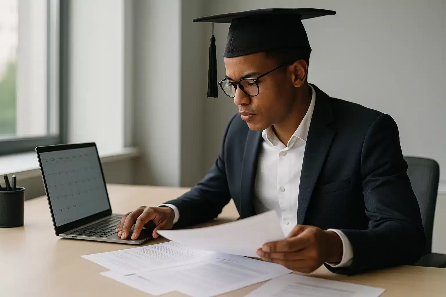 Graduate professional planning a UK visa switch at a modern office desk
