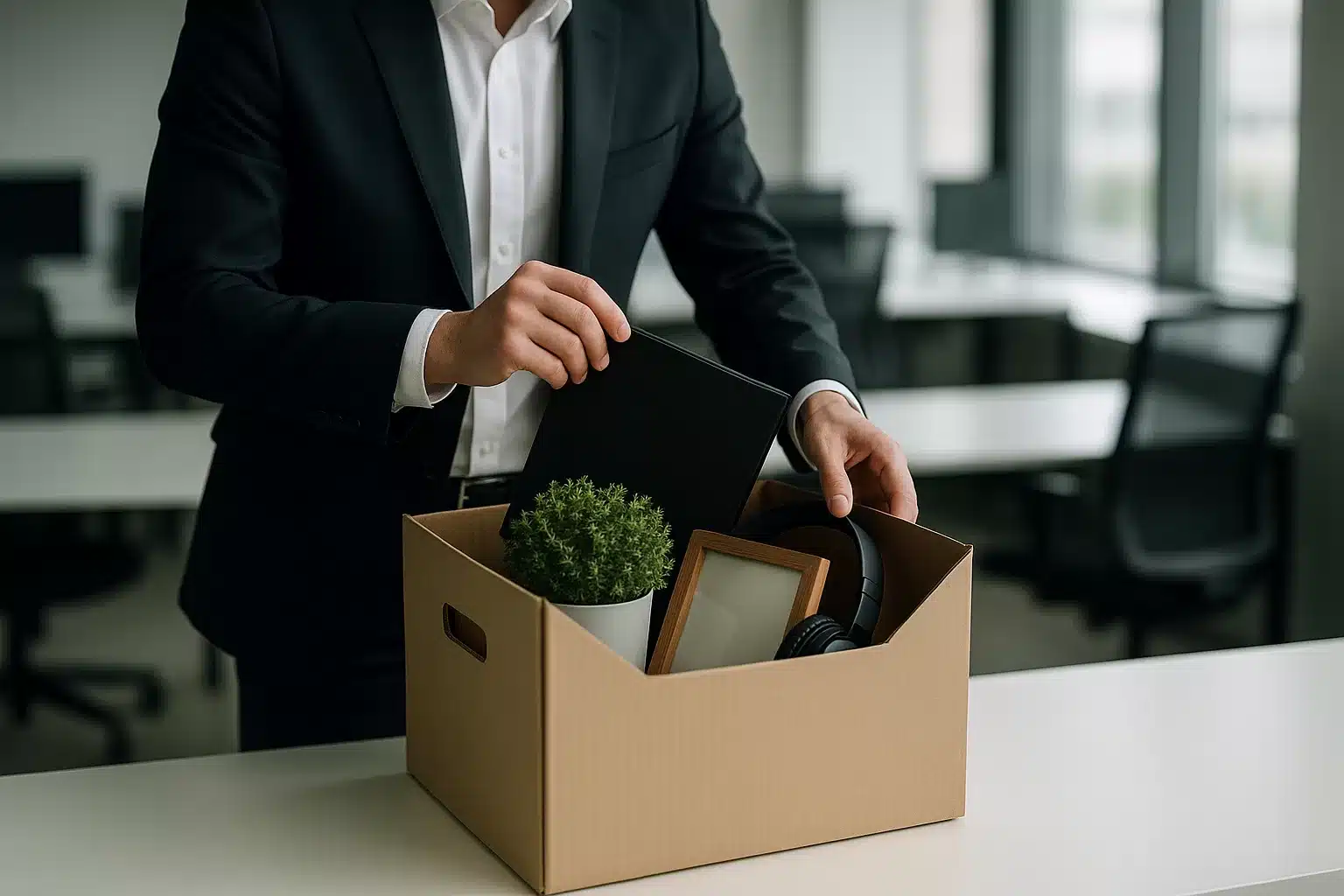 Person packing belongings into a box in an office after losing a sponsored job